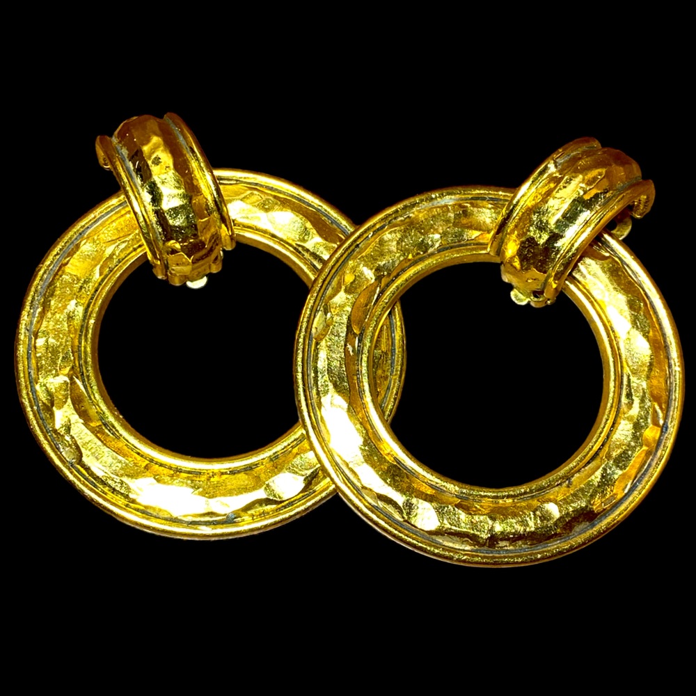 Vintage Chanel Convertible Hammered Gold Door Knocker Clip Earrings‎